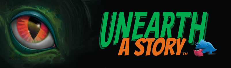 LINK: Dramatic red dinosaur eye and the text -- Unearth a Story -- as an introduction to the summer reading program